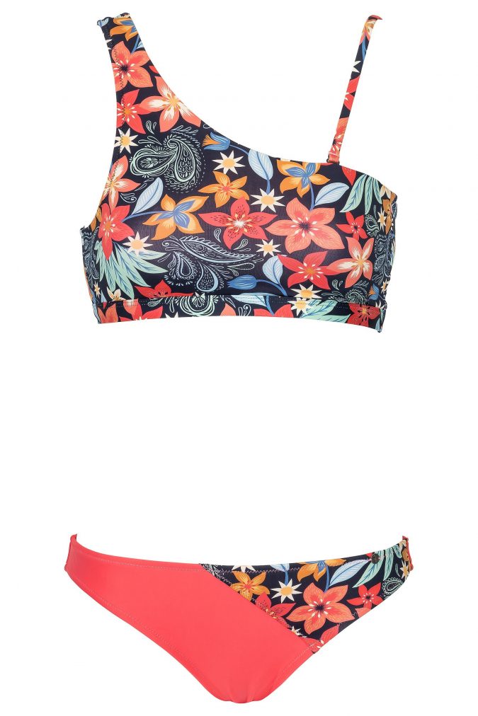 One-Shoulder-Bikini-Hawaiian-Prints-Solid-Coral-Colour-Farbe-asymmetrisch-Bikini